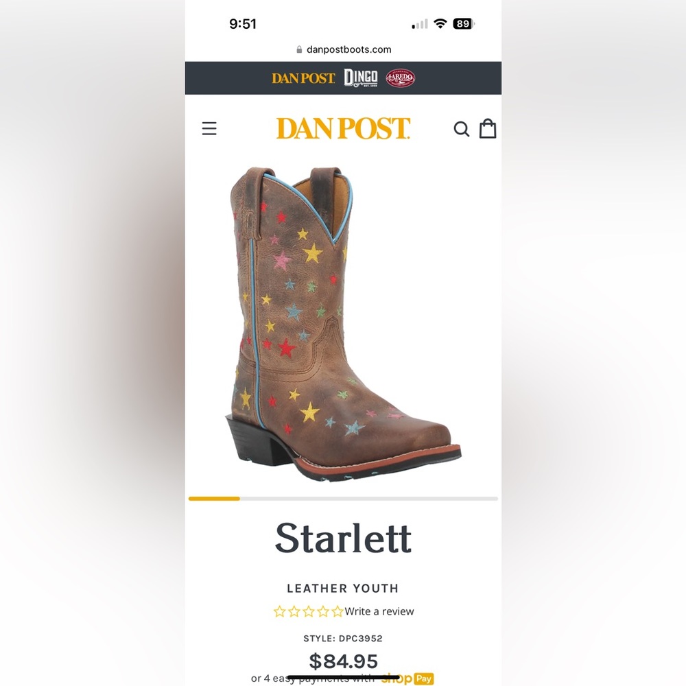 Dan Post Starlet Youth cowboy boot